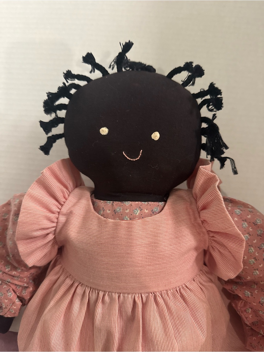 Handmade Black Cloth Doll in Pink Floral Dress